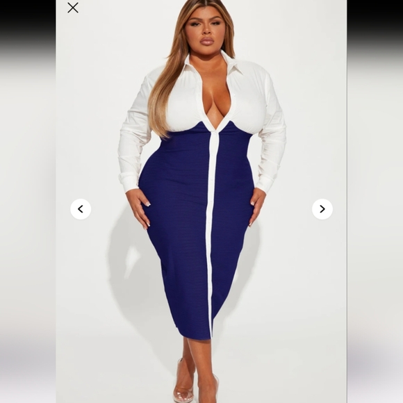 Fashion Nova Let's Get Serious Midi Shirt Dress - Navy/combo Size Large (NWT) - Picture 10 of 16